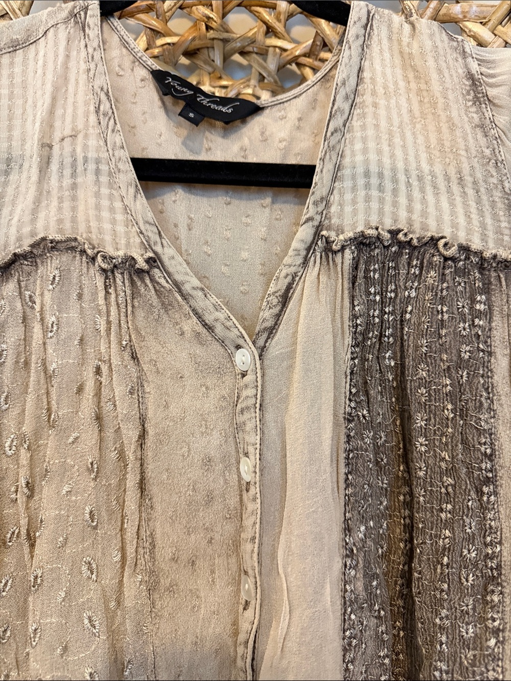 Young Threads Boho Ruffle Button-Front Women’s Top - Taupe - Picture 8 of 16